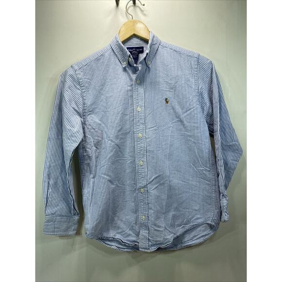 Vintage Polo Ralph Lauren Blue White Stripe Button Long Sleeve Shirt Boys12 - Picture 1 of 9